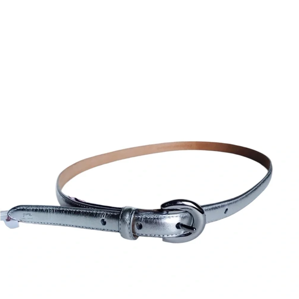 Vineyard Vines Silver Leather Skinny Belt With Silver Buckle, Size XS